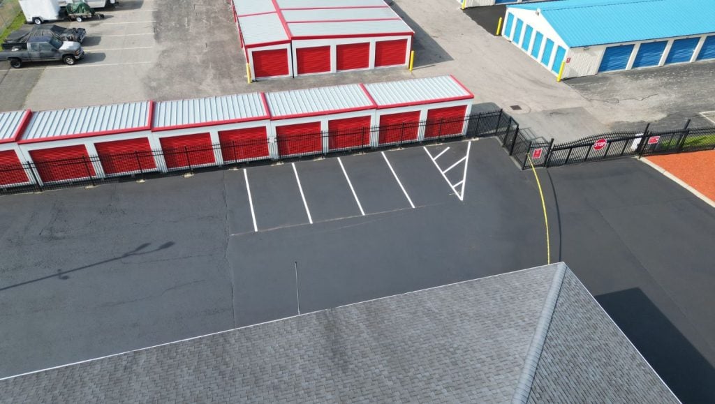 aerial view of Cube Smart parking lot with new asphalt