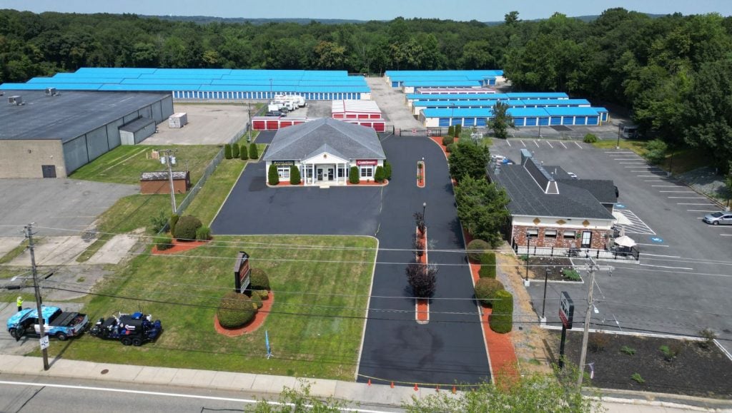 asphalt sealcoating for Cube Smart parking lot aerial view
