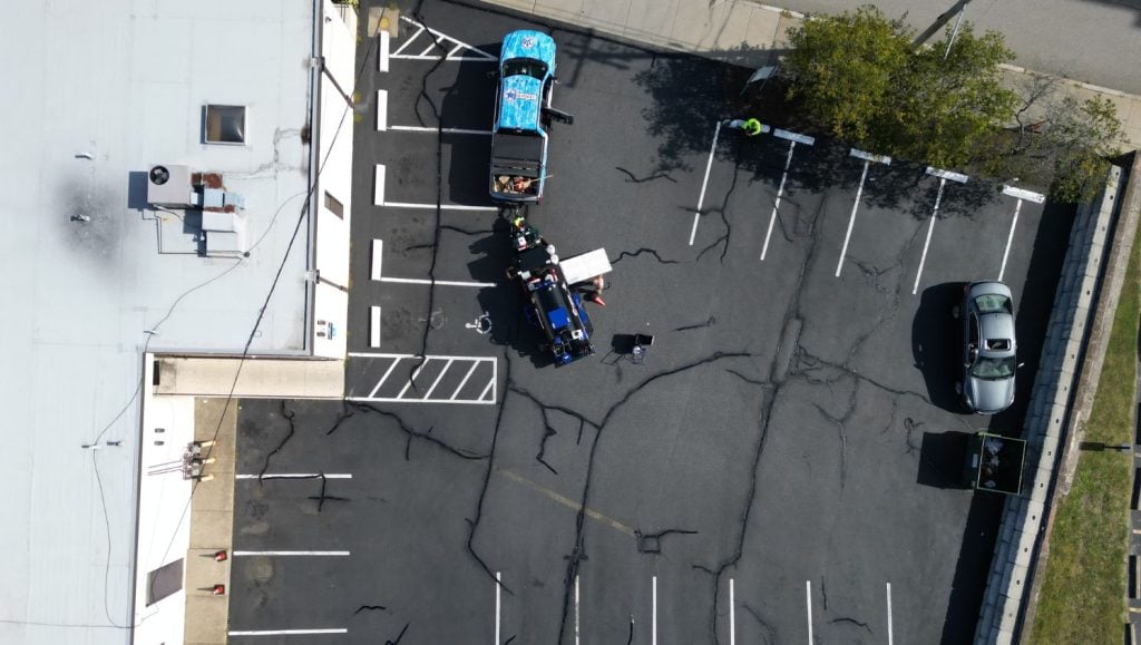 aerial view of Family Eye Care Services parking lot with crack sealing