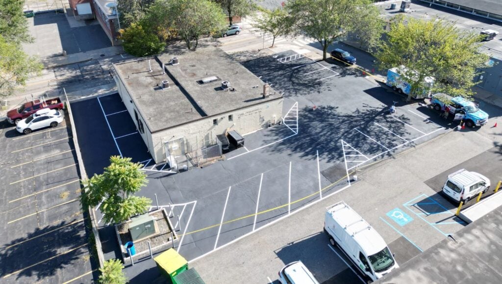 Providence River Animal Hospital parking lot aerial view with freshly painted line markings