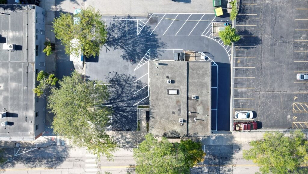 aerial view of Providence River Animal Hospital parking lot with freshly painted parking spots