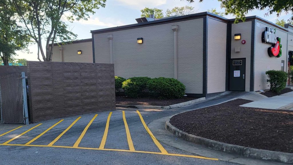 back view of Chili's parking lot with freshly marked lines