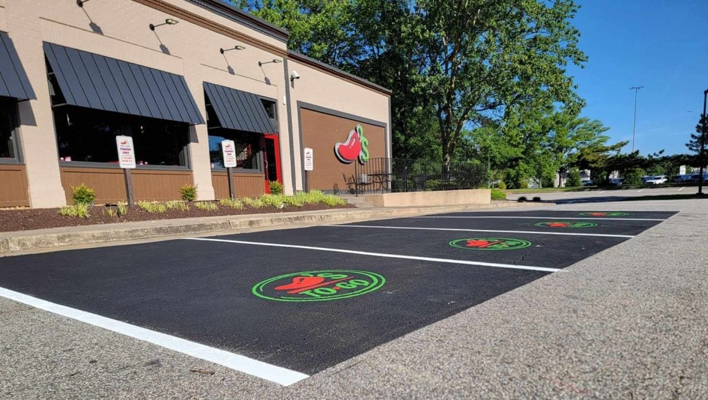 side view of Chili's parking lot with freshly painted lines