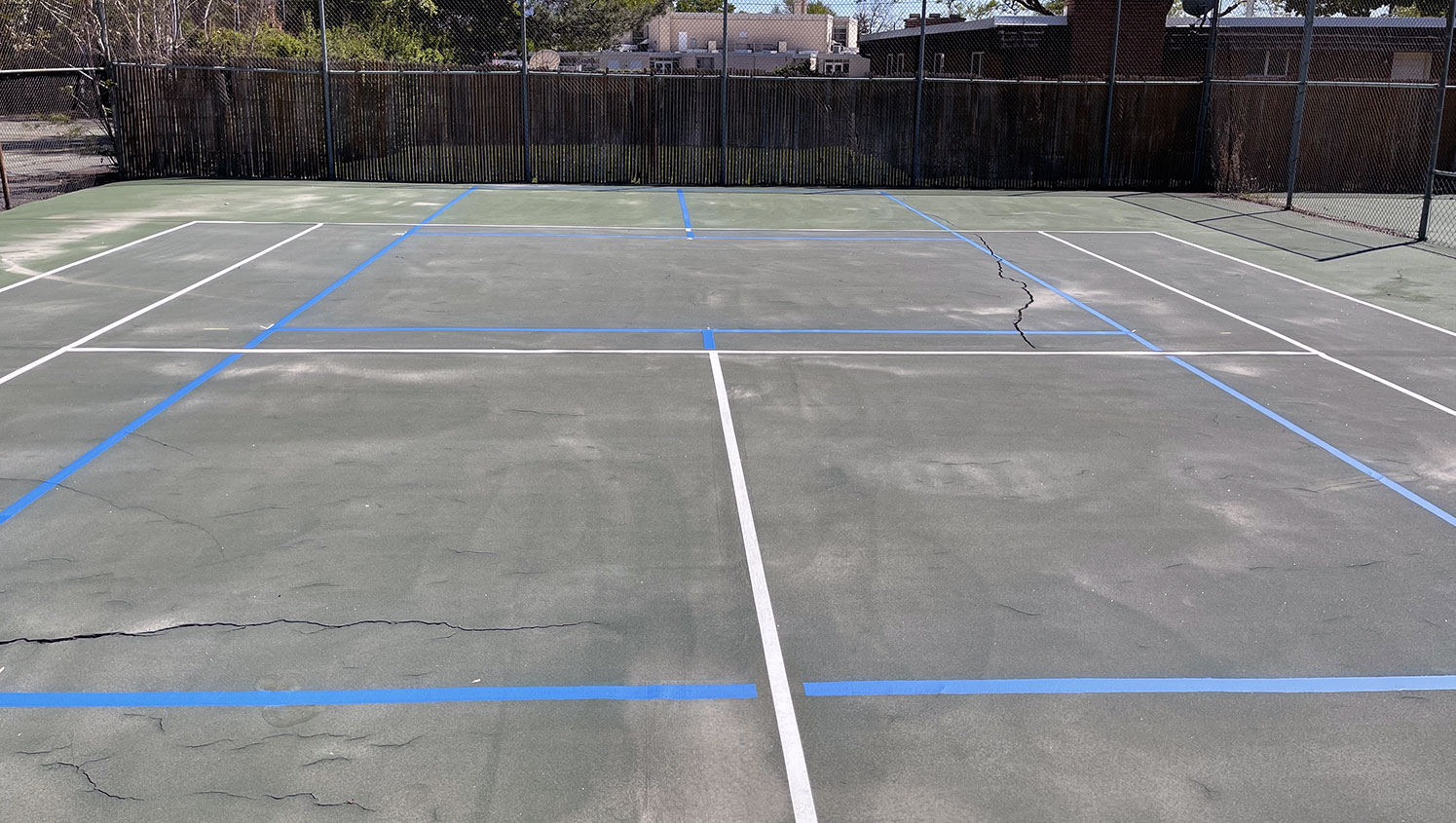 an up-close view of new pickleball court striping at Evergreen Swim and Tennis Club in Salt Lake City, UT