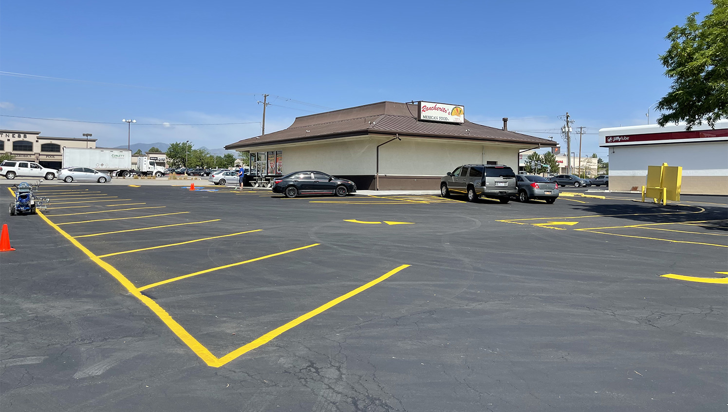 Re-striped parking stalls at Racherito’s Mexican Food in West Jordan, Utah
