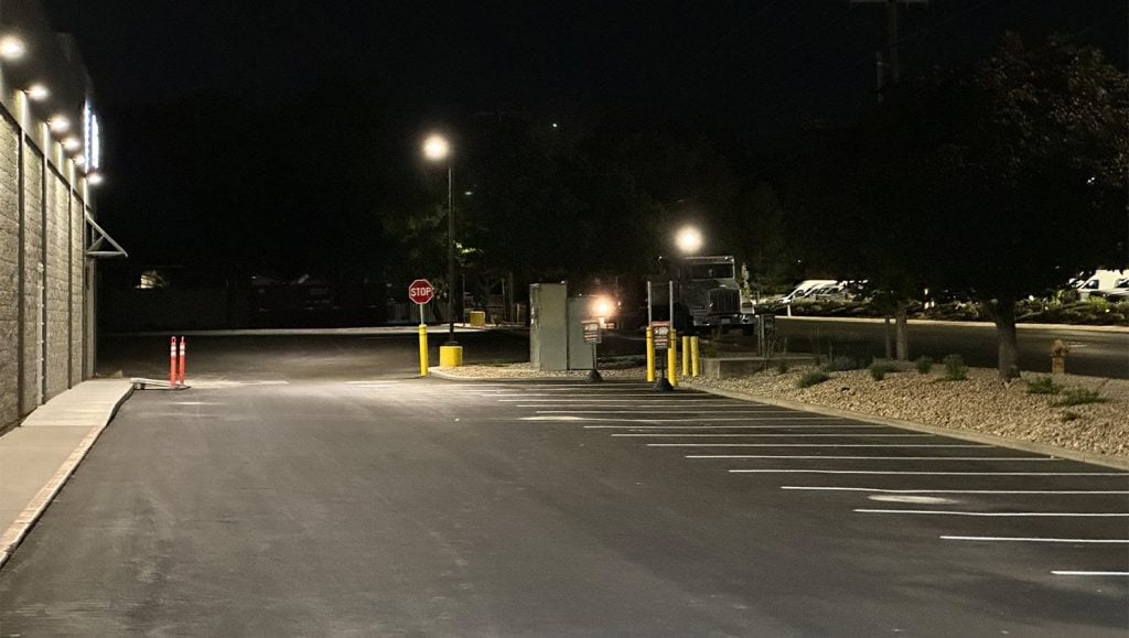Harmon’s Grocery parking lot with freshly painted parking spots