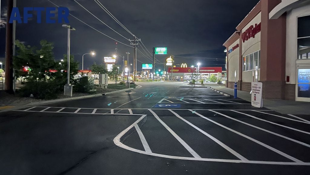 a newly striped parking lot arrow at a CVS in Roy, UT