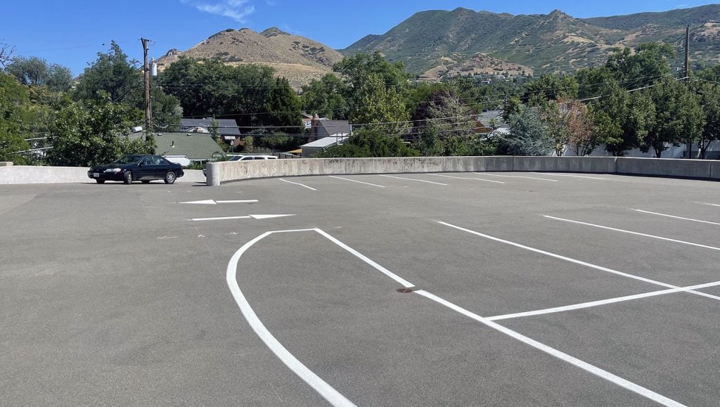 freshly striped parking lot spaces