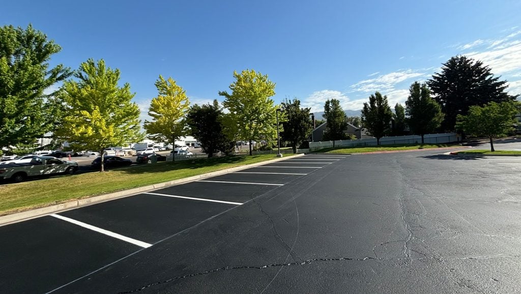 Huntington Apartments parking lot with freshly painted line markings