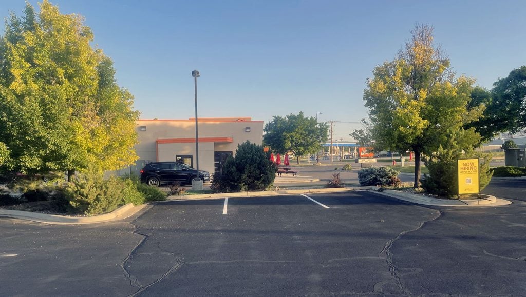 re-striped directional arrows at a Jiffy Lube in Salt Lake City
