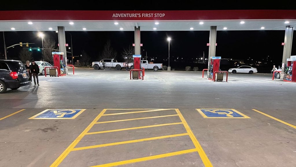 restriped parking stalls at Maverik gas station