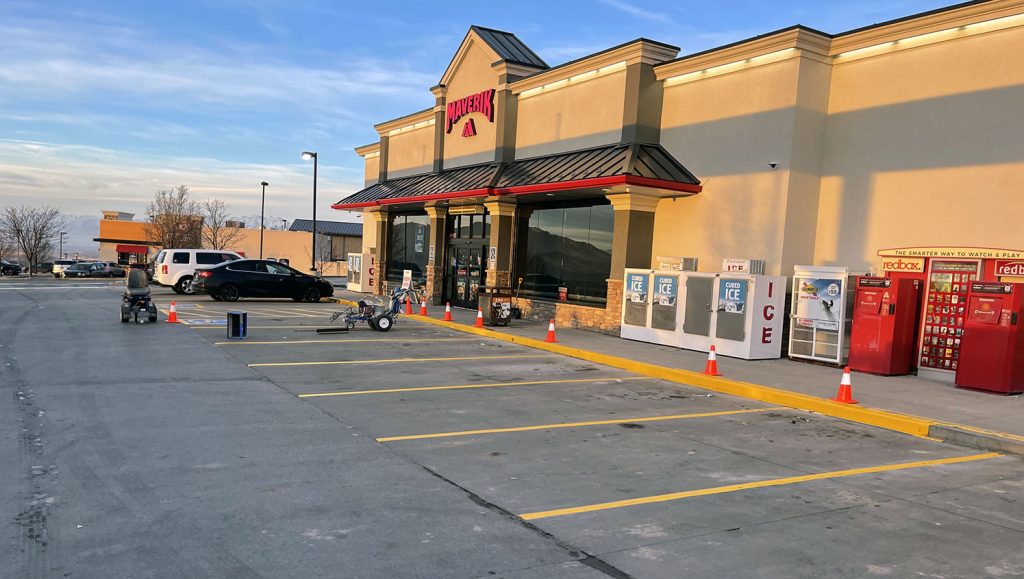 newly striped parking spaces at Maverik gas station