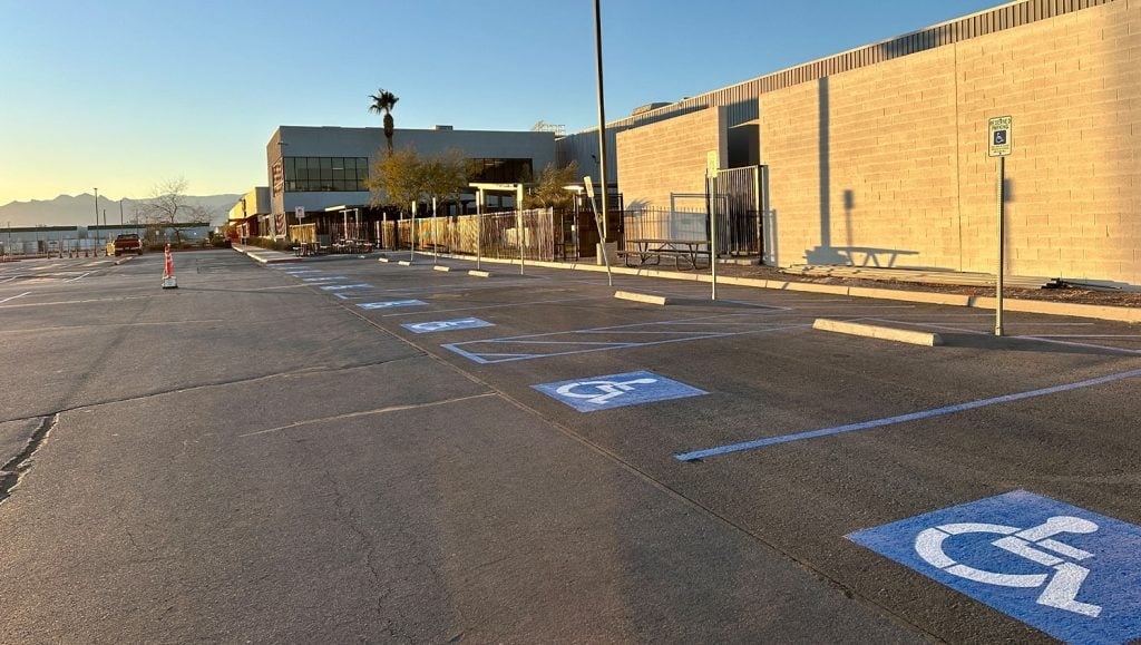 TJ MAXX Distribution Center parking center with freshly painted ada compliance parking spots