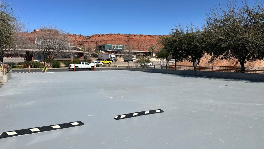 Goldenwest Credit Union parking lot with parking stops installed