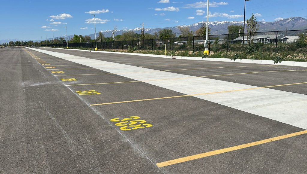 parking spots freshly painted for New Balance Distribution Center