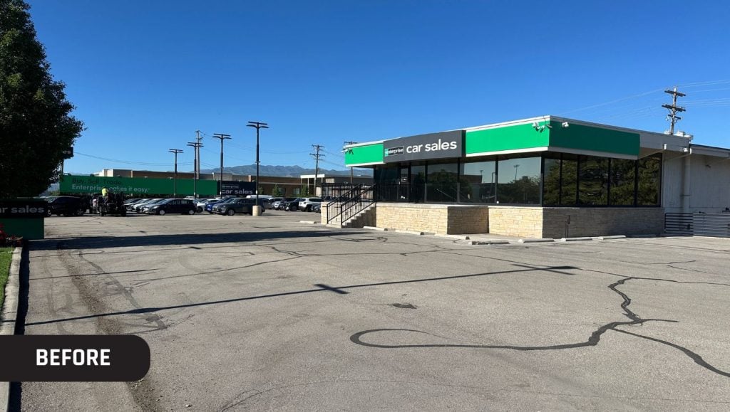 Enterprise Car Sales parking lot before new line markings painted