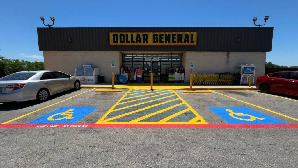 front view of Dollar General parking lot freshly painted