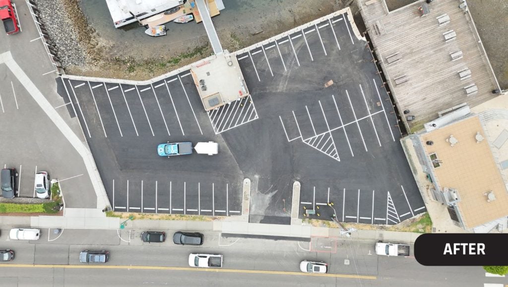 aerial view of Pleasure Craft Marina parking lot with freshly painted line markings