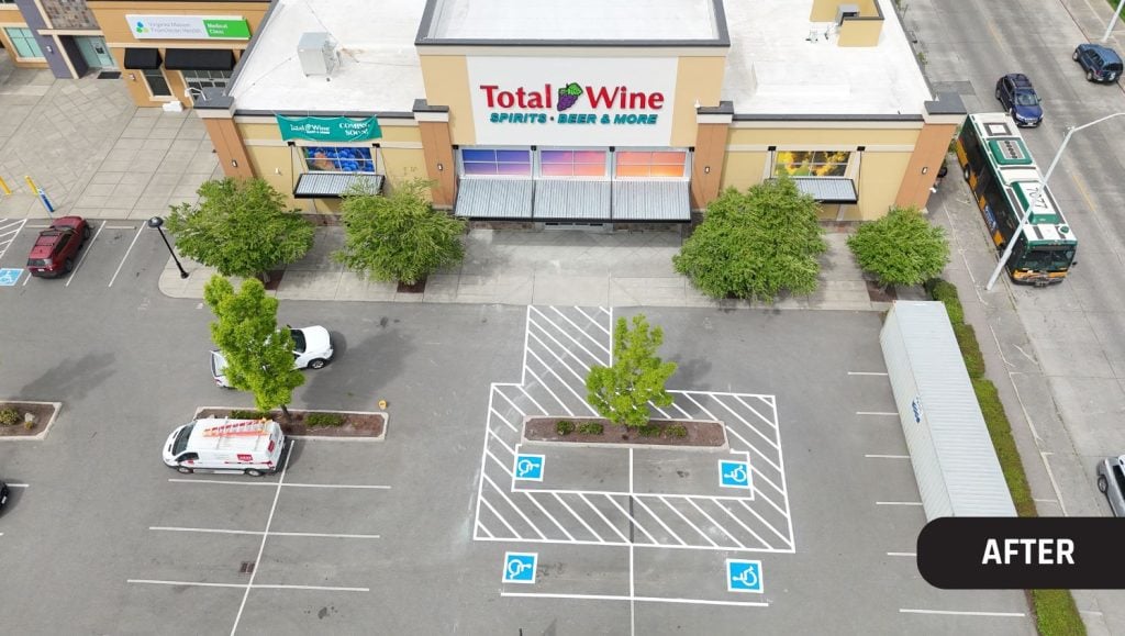 after portrait of Total Wine & More parking lot with freshly painted line markings