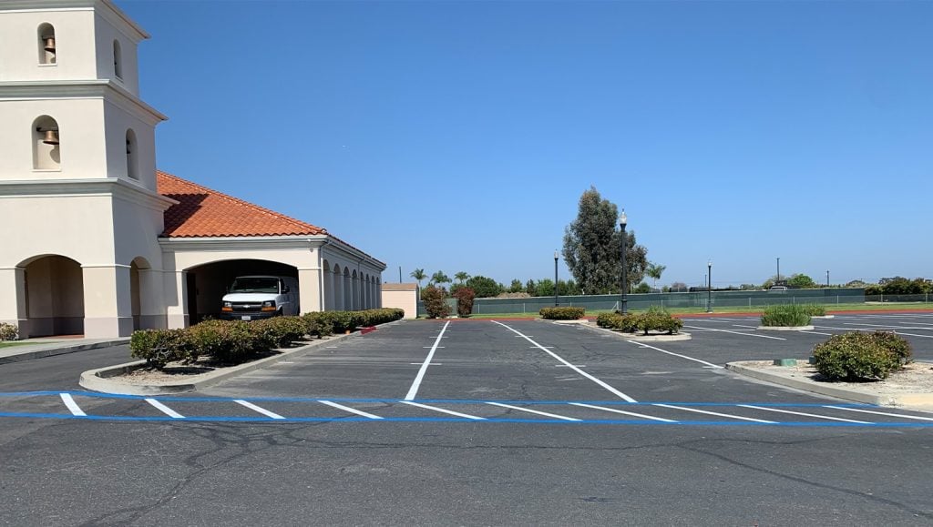 close-up of fire lane painting for All Souls Cemetery & Mortuary parking lot