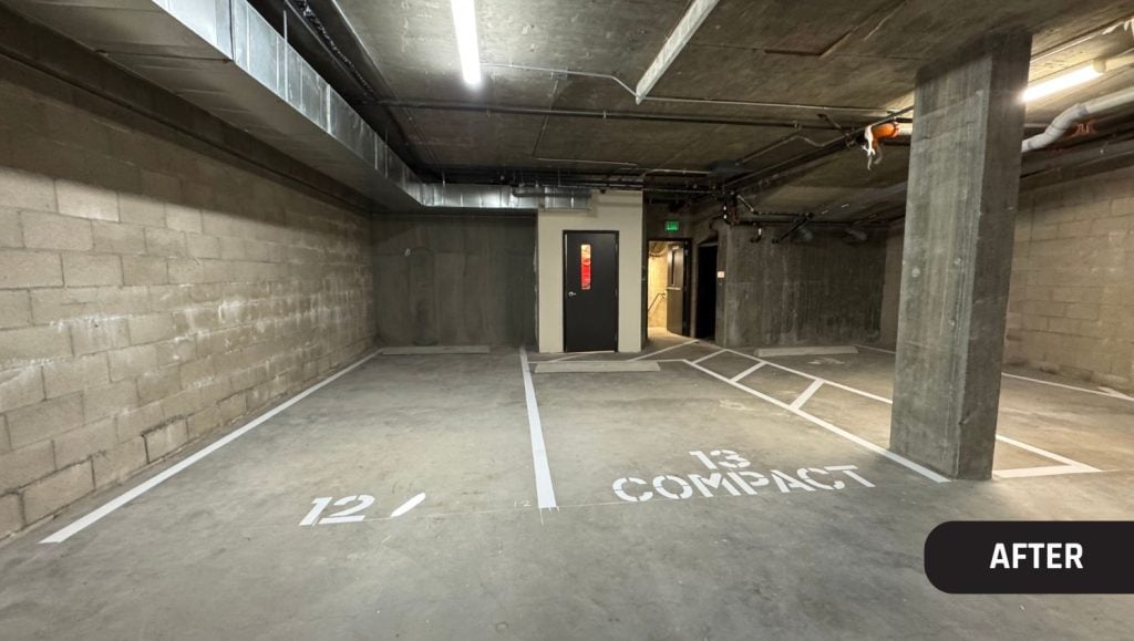 parking spots freshly painted close-up for EZ Remodeling parking garage