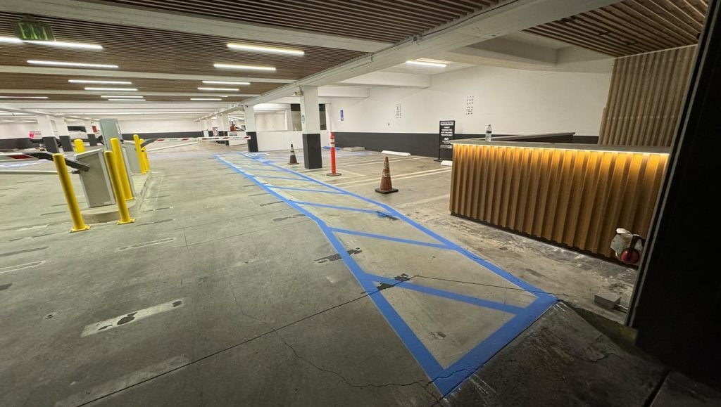 blue freshly painted line markings for Wilshire Financial Tower