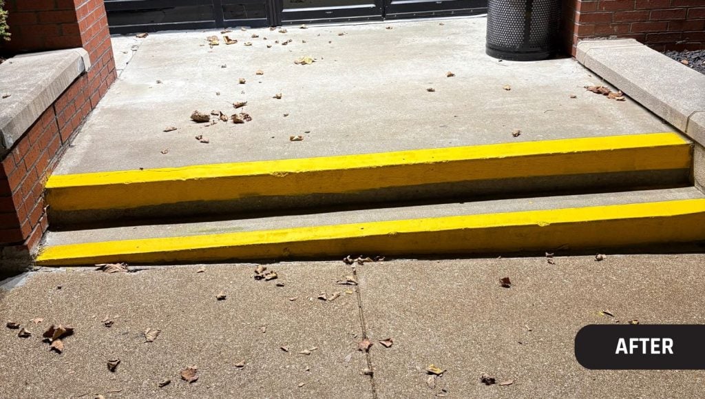 front view of stairs freshly painted at Regions Bank