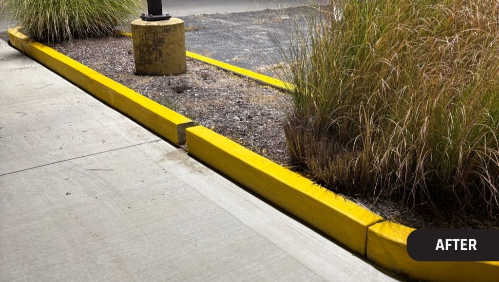 close-up of freshly painted yellow curb for Rion Equipment parking lot