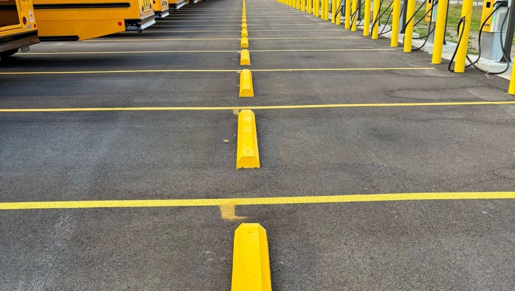 close-up of freshly painted parking stops
