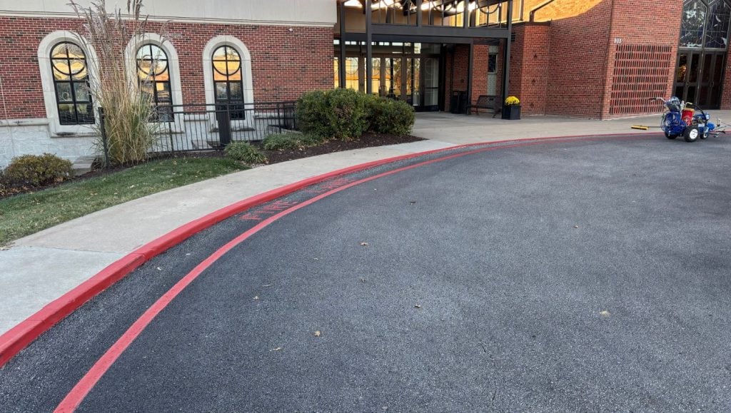 fire lane marking freshly painted for Our Lady of Lourdes Catholic Church
