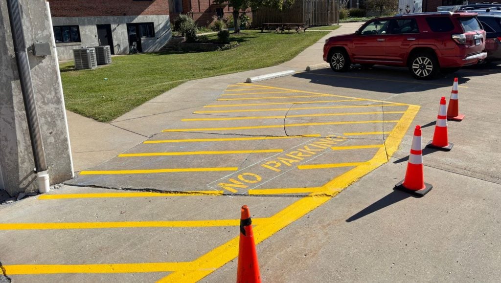 no parking line markings for Our Lady of Lourdes Catholic Church parking lot