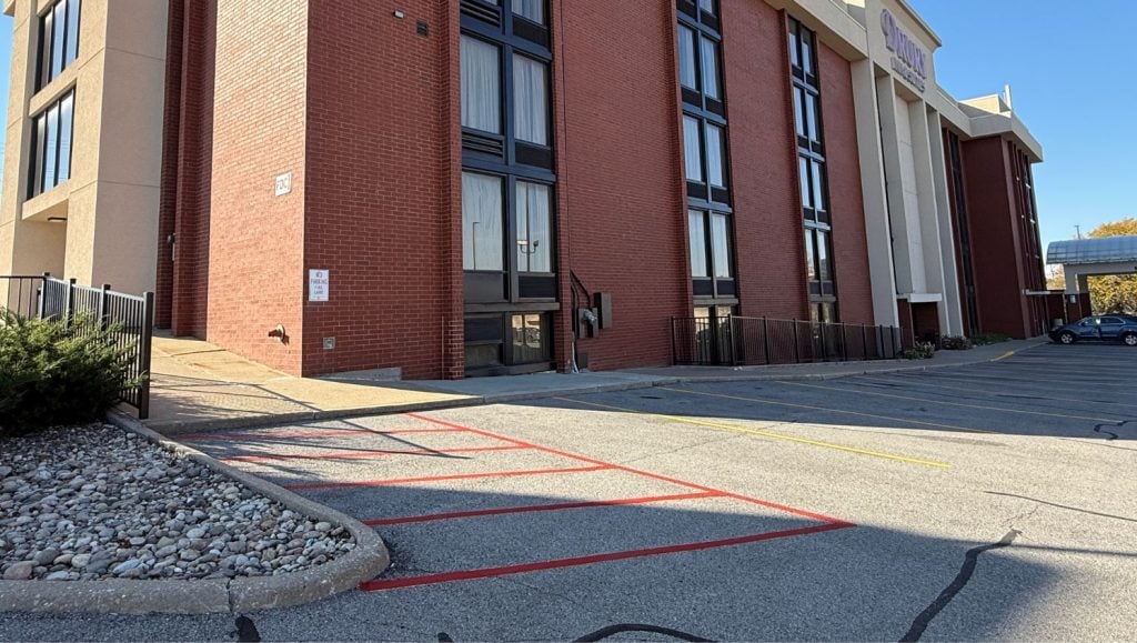 fire lane markings freshly painted for Drury Inn & Suites parking lot