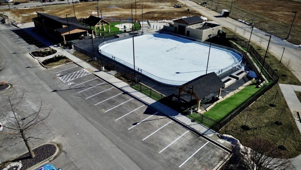 Meadows Park and Ice Rink parking lot aerial view freshly painted
