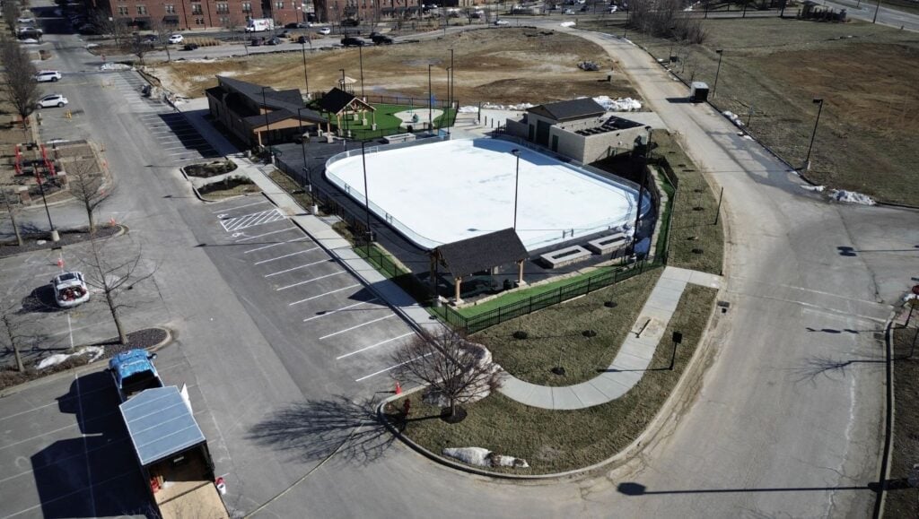 Meadows Park and Ice Rink parking lot freshly painted aerial view