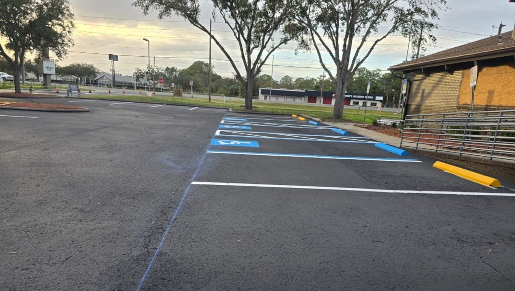 parking spots freshly painted for a school