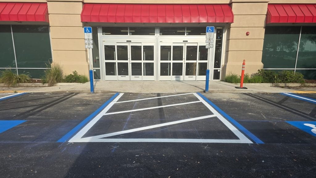 close-up of crosswalk freshly painted for Burlington parking lot
