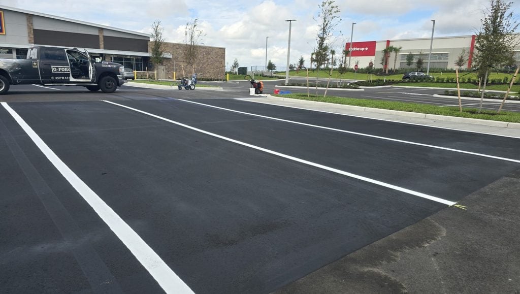 close-up of freshly painted line markings for Aldi parking lot