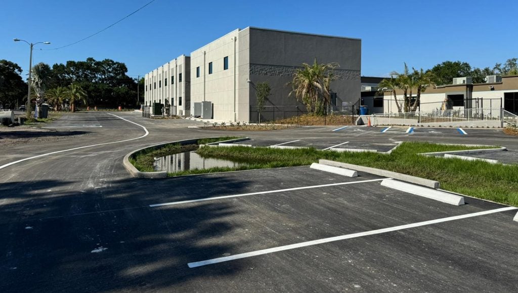 close-up of parking lot lines freshly painted at business
