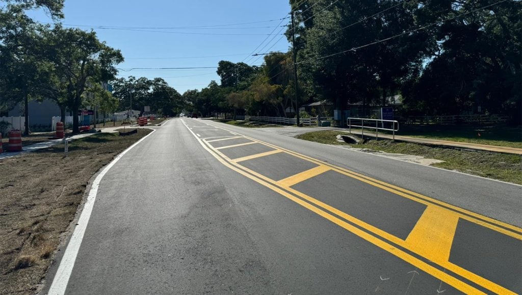 close-up of freshly painted markings for street