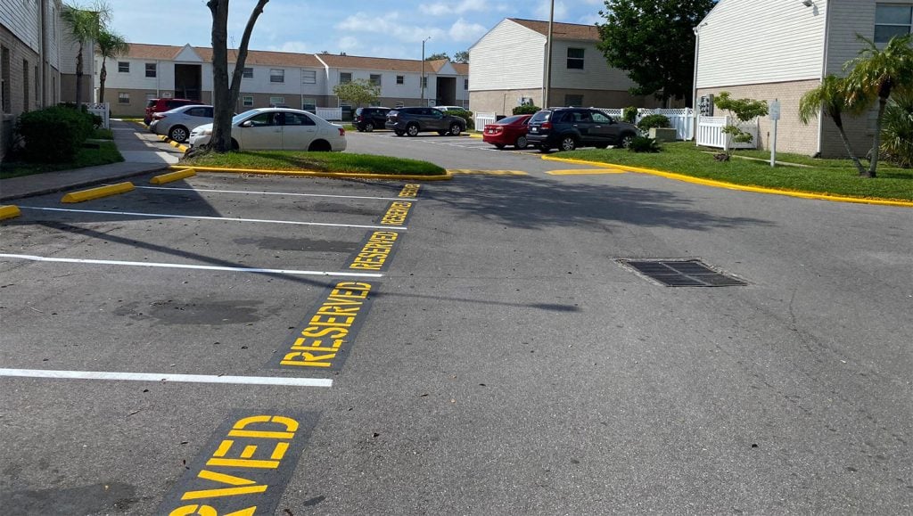 no parking zone stripes in parking lot