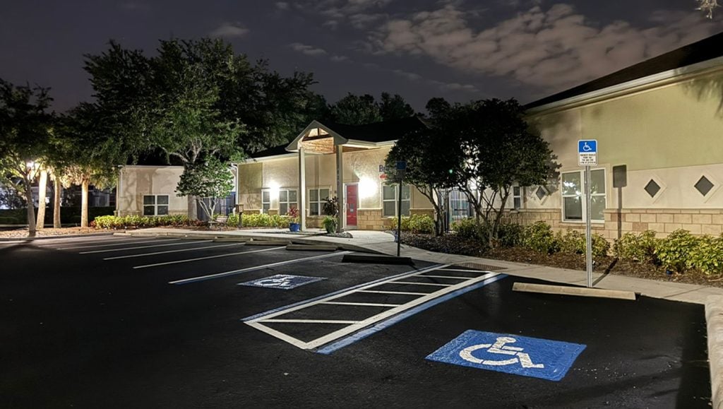 front view of daycare with new asphalt parking lot