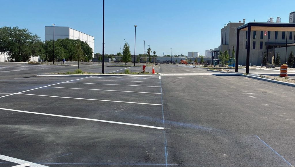 freshly striped angled parking lots at Yuengling