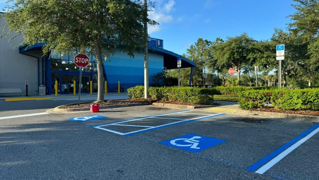 goodwill parking lot with freshly painted line markings for parking spots