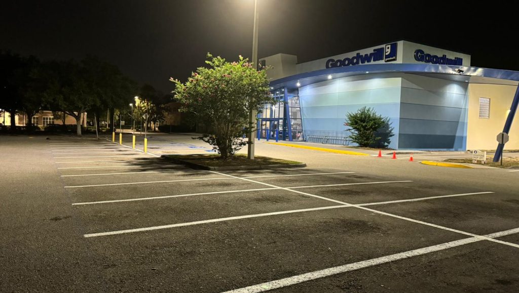 freshly painted yellow lines for goodwill parking lot