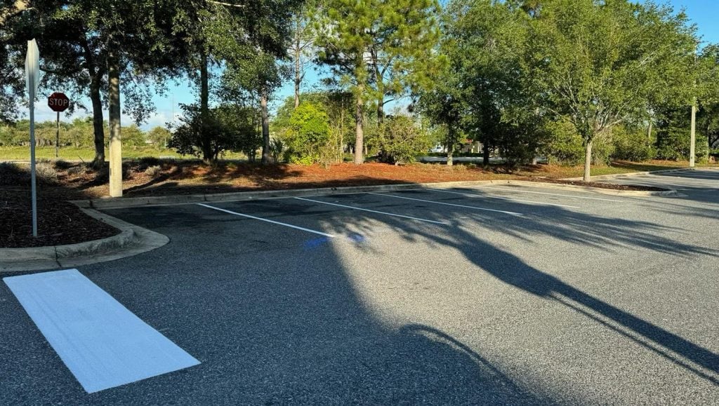 front view of Goodwill with fresh crosswalk markings