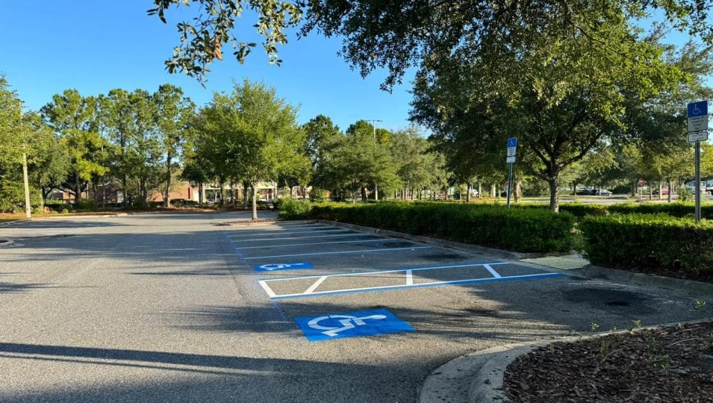 Goodwill parking lot with fresh line markings