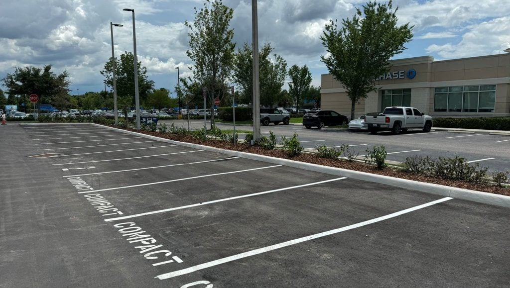 parking spots freshly painted for office parking lot