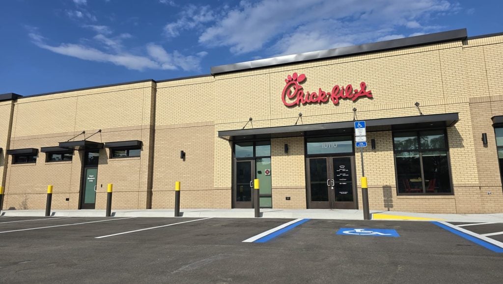 freshly painted parking spots for Chick-fil-A