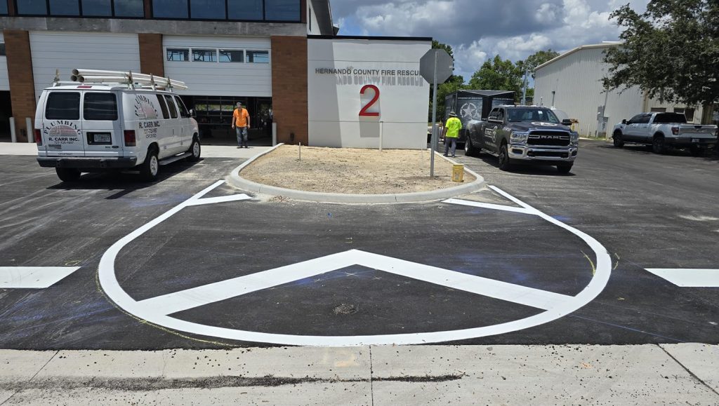 front view of Fire Station with freshly painted line markings