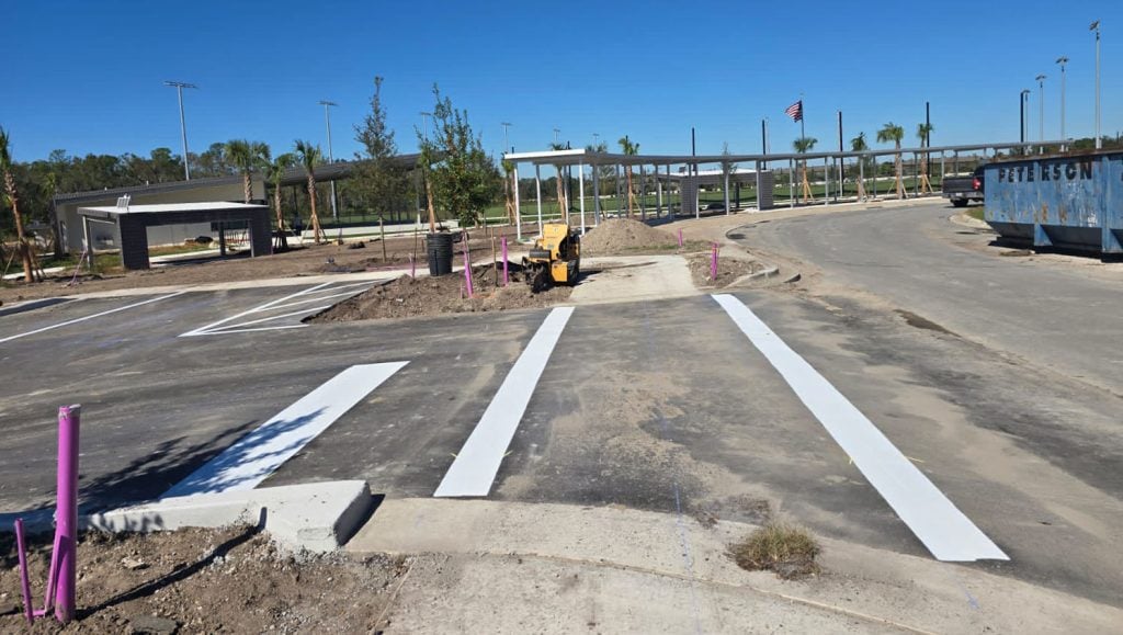 freshly painted line striping for a park parking lot
